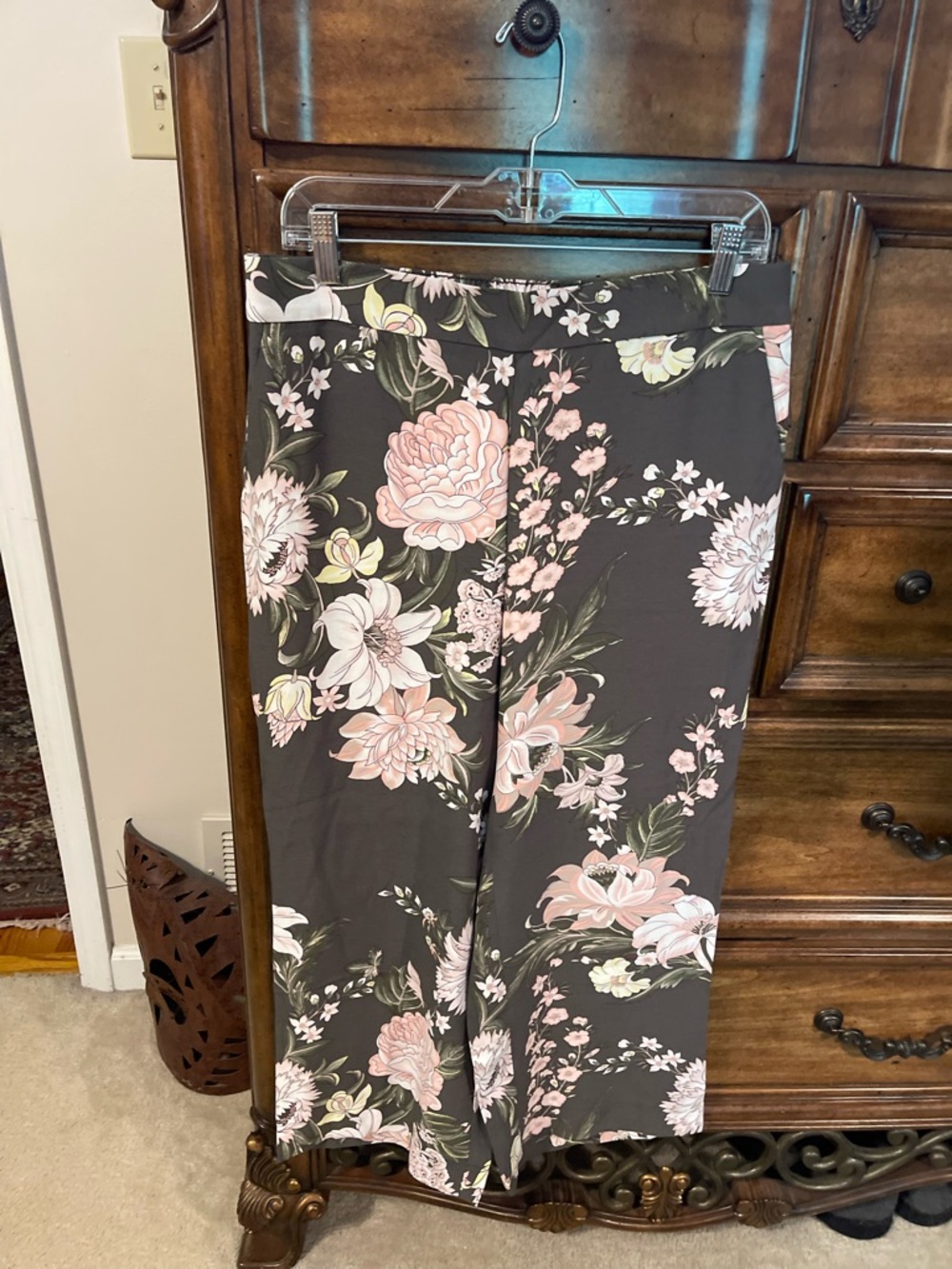 LOFT Wide Leg Floral Pants in Charcoal with Pink Flowers